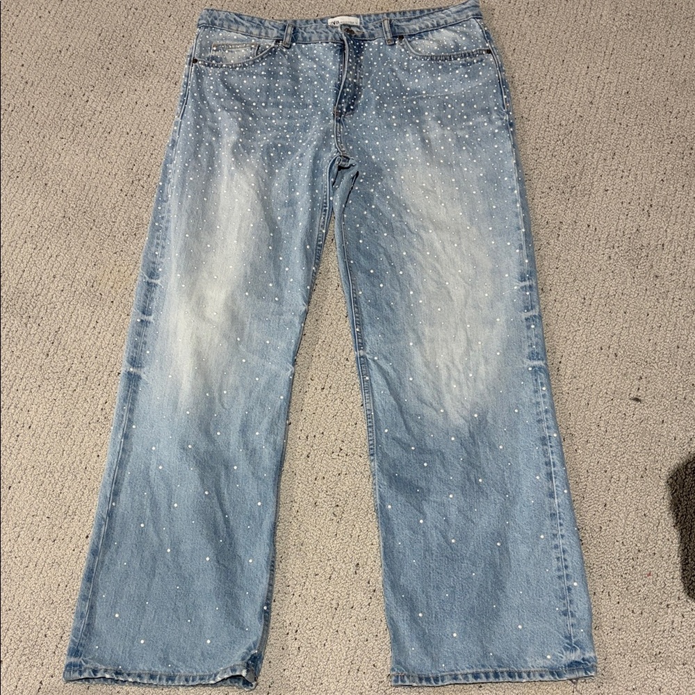 Zara Light Blue Flare Jeans with White 3d Faux Pearls